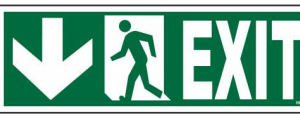 Emergency exit sign with left-side downward arrow and running-person symbol