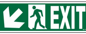 Green emergency EXIT sign with down-left arrow and running-person symbol by Safe Cure