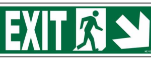 Green emergency EXIT sign with down-right arrow and running-person symbol by Safe Cure