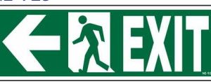 Green emergency EXIT sign with left arrow and running-person symbol by Safe Cure