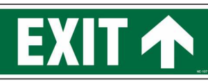 Green EXIT sign with an upward-pointing arrow by Safe Cure