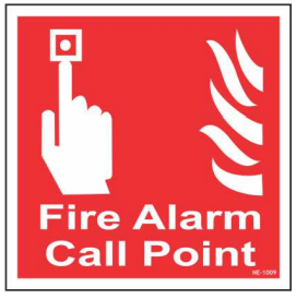 Red FIRE ALARM CALL POINT sign with a hand pressing an alarm button by Safe Cure