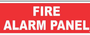 Red Fire Alarm Panel Sign with bold white text by Safe Cure