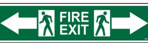 Green FIRE EXIT sign with running-person symbols and left and right arrows by Safe Cure