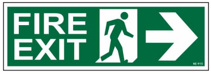 Green FIRE EXIT sign with a running-person symbol and right-pointing arrow by Safe Cure