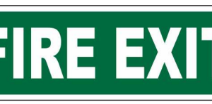 Green FIRE EXIT sign with bold white text by Safe Cure