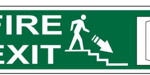 Green FIRE EXIT sign showing a person descending stairs toward an exit door on the right