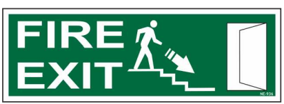 Green FIRE EXIT sign showing a person descending stairs toward an exit door on the right