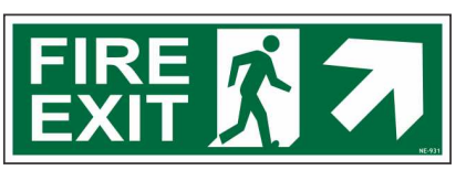 Green FIRE EXIT sign with a running-person symbol and diagonal upward-right arrow by Safe Cure
