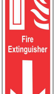 Red FIRE EXTINGUISHER sign with a white extinguisher pictogram and downward arrow by Safe Cure