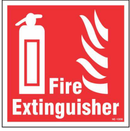 Red FIRE EXTINGUISHER sign with a white extinguisher pictogram by Safe Cure