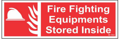 Red Fire Fighting Equipment Stored Inside sign with a white fire-point pictogram by Safe Cure