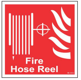 Red FIRE HOSE REEL sign with a white fire-hose pictogram by Safe Cure