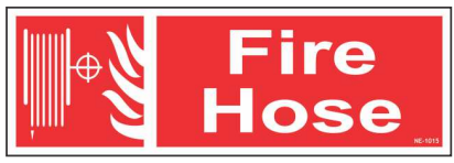 Red FIRE HOSE sign with a white fire-hose pictogram by Safe Cure