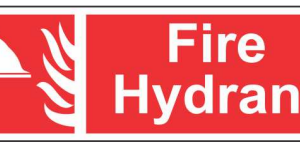 Red FIRE HYDRANT sign with a white fire-point pictogram by Safe Cure