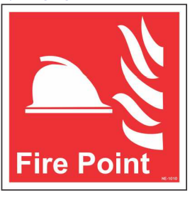 Red FIRE POINT sign with a white fire-point pictogram by Safe Cure