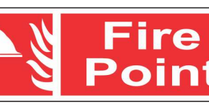 Red FIRE POINT sign with a white fire-point pictogram by Safe Cure