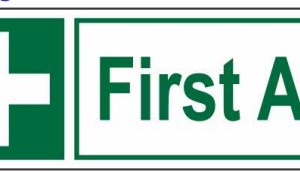 Safe Cure First Aid Sign Board with white cross on green background