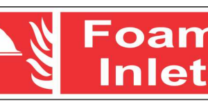 Red FOAM INLET sign with a white fire-point pictogram by Safe Cure