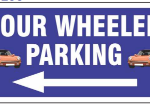 Blue Four Wheeler Parking Sign with car images and a left-pointing arrow by Safe Cure