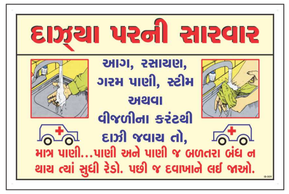 Gujarati Burn First Aid Instruction Sign with treatment illustrations by Safe Cure
