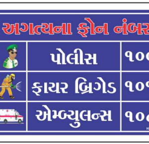 Gujarati emergency phone numbers sign showing police fire brigade and ambulance contacts