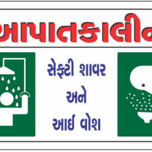 Gujarati Emergency Safety Shower and Eye Wash Sign with equipment symbols by Safe Cure