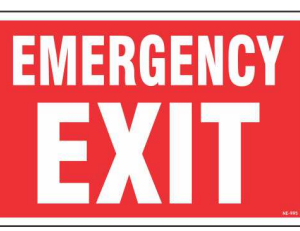 Large red EMERGENCY EXIT sign with bold white text by Safe Cure