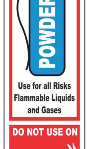 Powder fire extinguisher identification sign with intended-use guidance by Safe Cure