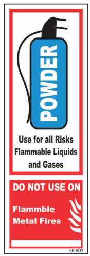 Powder fire extinguisher identification sign with intended-use guidance by Safe Cure