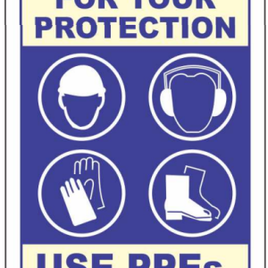 Safe Cure PPE Safety Sign showing helmet earmuffs gloves and safety boots