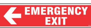 Red EMERGENCY EXIT sign with a bold left-pointing arrow by Safe Cure