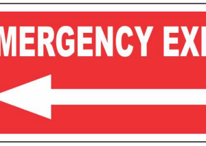 Red EMERGENCY EXIT sign with a bold left-pointing arrow by Safe Cure