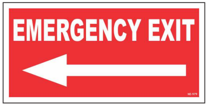 Red EMERGENCY EXIT sign with a bold left-pointing arrow by Safe Cure