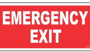 Red EMERGENCY EXIT sign with bold white text by Safe Cure