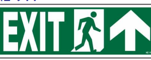 Straight ahead emergency exit sign with right-side upward arrow and running-person symbol