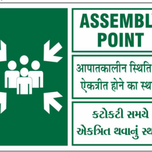 English Hindi Gujarati Assembly Point Sign with group pictogram by Safe Cure