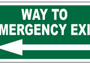 Green WAY TO EMERGENCY EXIT sign with a left-pointing arrow by Safe Cure